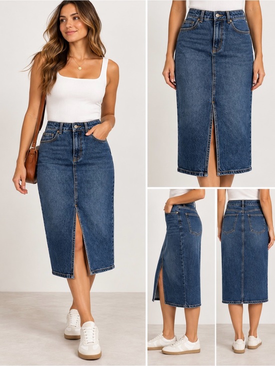 H&M Dresses & Skirts - H&M Women’s Size 8 Denim Midi Skirt Dark Wash High Rise Front Slit Y2K 90s
